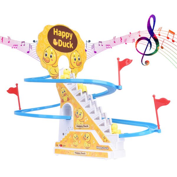 musical duck track, duck race track set, happy duck track toy, small duck climbing stairs, small duck music climbing track, happy duck toys, duck track toys,